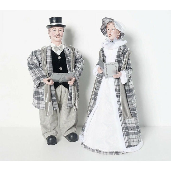 S/2 35" Dickens Carolers White Adult Figures by Valerie, Gray Plaid