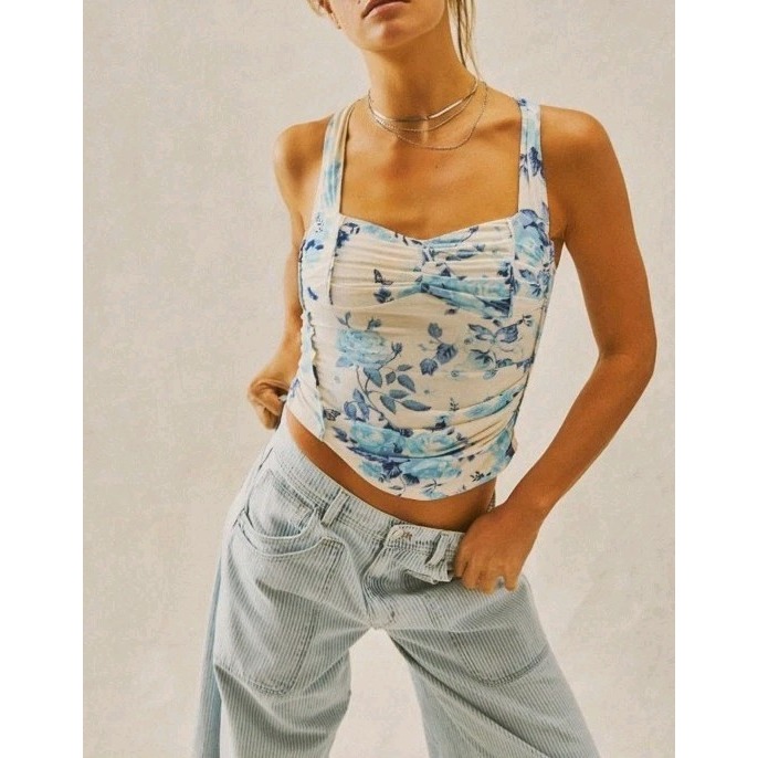 Free People Ginger Snap Blue Floral Corset Style Soft Viscose Top Sz L NWOT