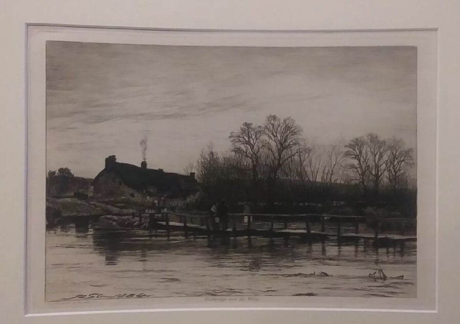 Vintage Signed- R.S. CHATTOCK  FOOTBRIDGE OVER THE WILEY, 1885 etching app.