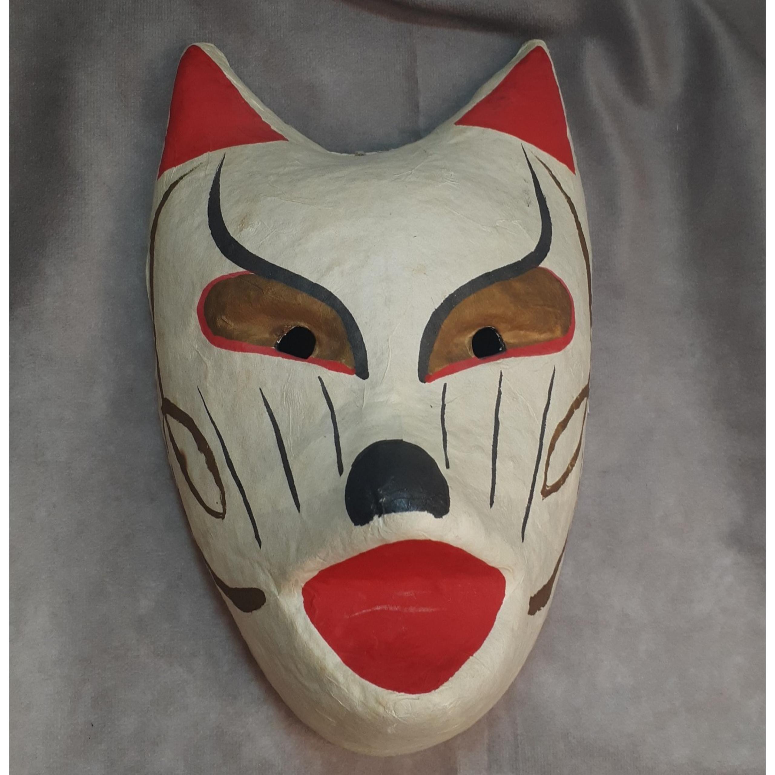 Paper Mache Kitsune Mask Japanese Fox Mask White Black Red 10 inches - Handmade