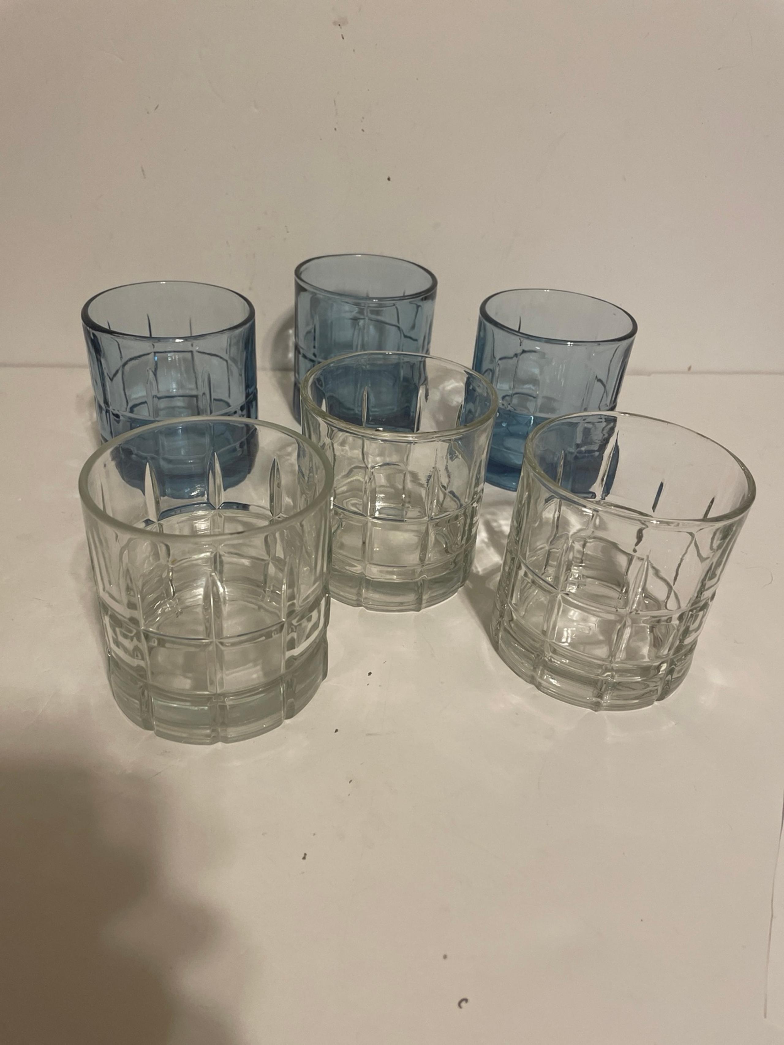 6 Anchor Hocking Manchester 10 oz Drinking Glasses 3-Cobalt Blue 3-Clear