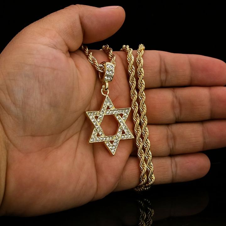 Star Of David Pendant Cubic Zirconia 24 Rope Chain Hip Hop 18k Gold Plated