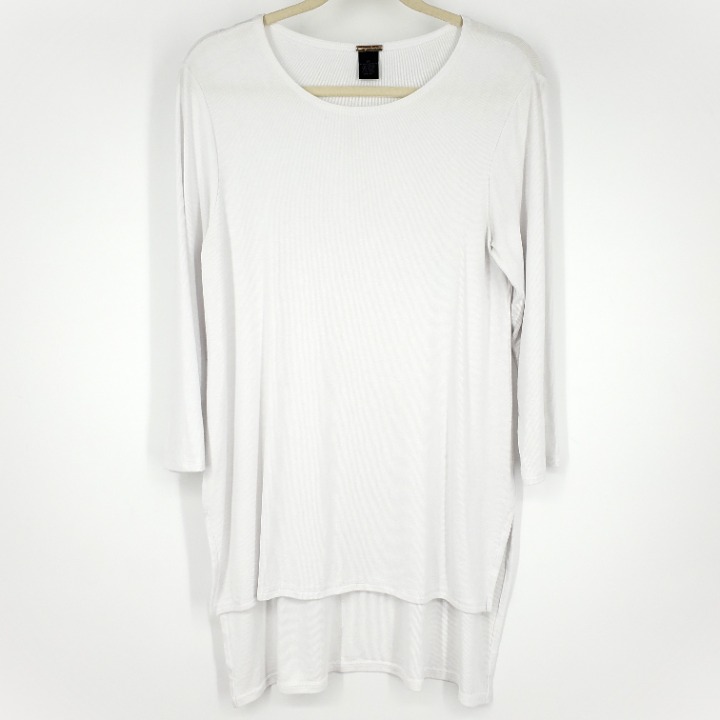 Magaschoni Micromodal Ribbed Knit Step Hem Long Sleeve Tunic White Medium