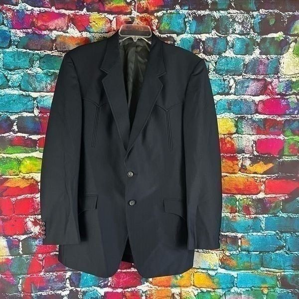 Vintage Dallas Western Apparel Men's 46R Navy Blue Trilobal Wool Blend Jacket Bl