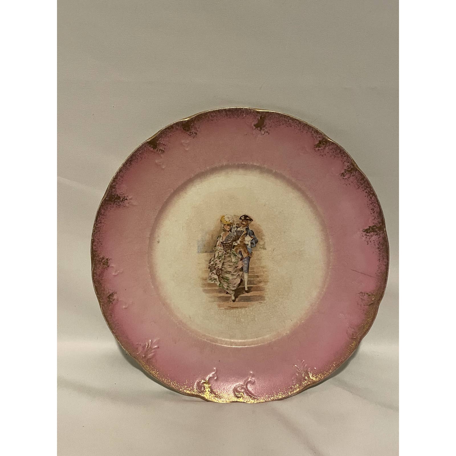 French Luncheon Plate Courting Couple - Pink & Gold with Embossed Edge