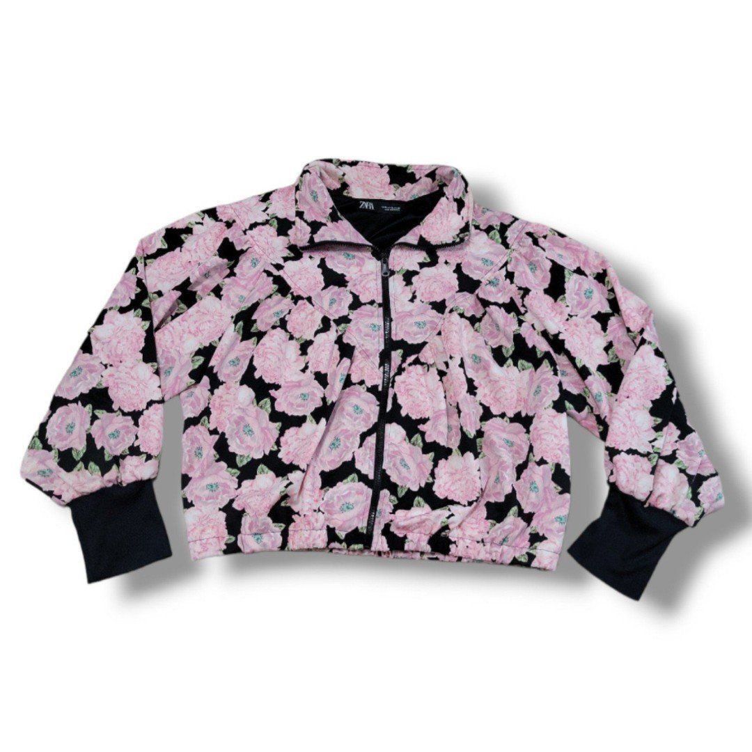 Zara Jacket Size XL Full Zip Up Jacket Roses Floral Flower Print Elastic Waist