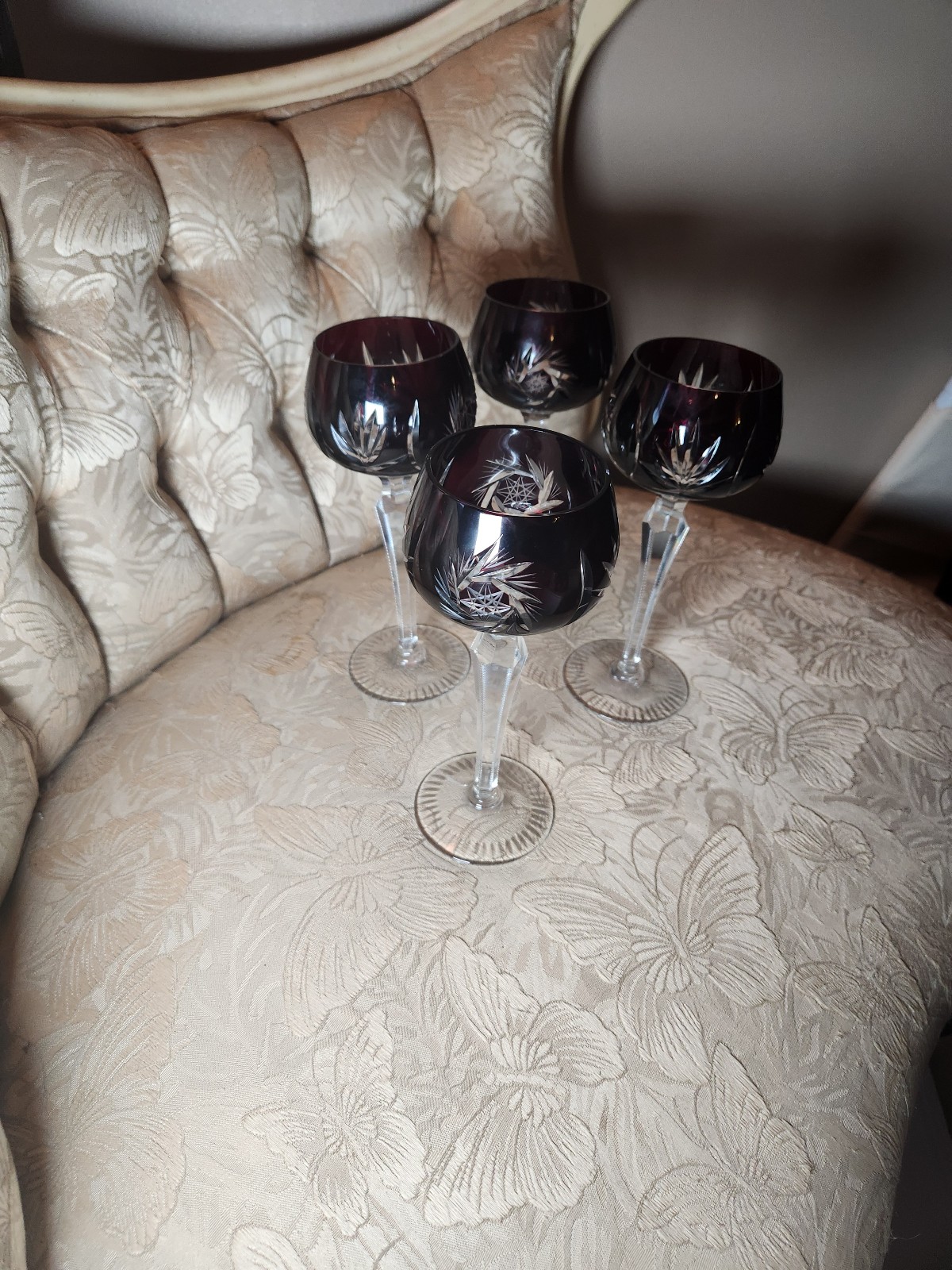 Vtg Bohemian Amethyst Purple Cut To Clear Crystal Wine Goblet Set Of 4