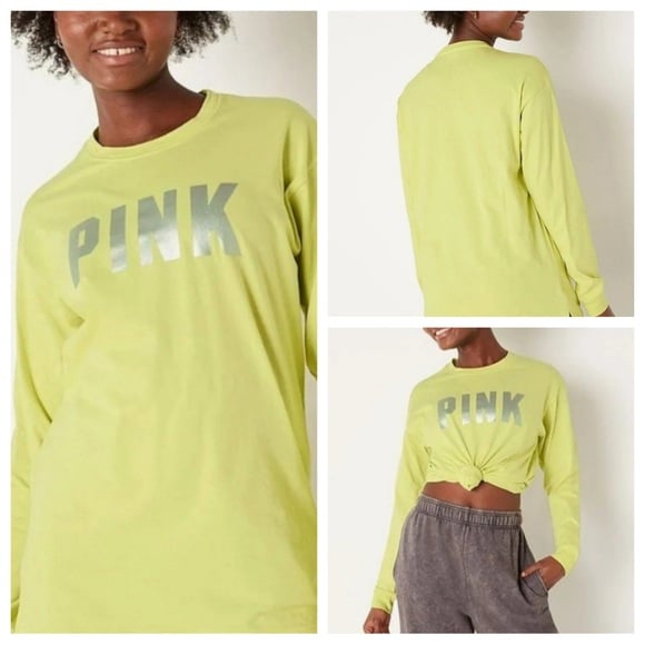 VS VICTORIAS SECRET PINK CAMPUS LONG SLEEVE TEE TOP GREEN SPRING SANS SHINE XXL