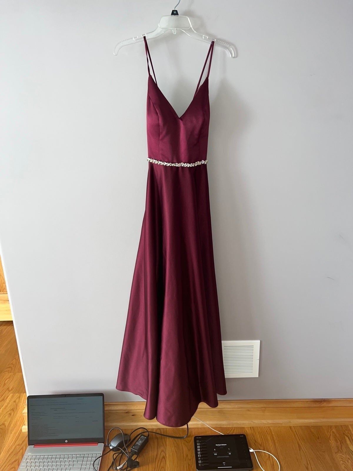 2222 Burgundy maroon satin Aline bridesmaid dress bedazzle belt David's bridal 4