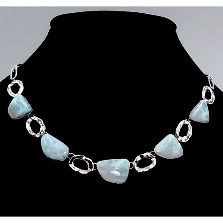 Sterling Silver Larimar Necklace 5 Stones 36 Gms 18”