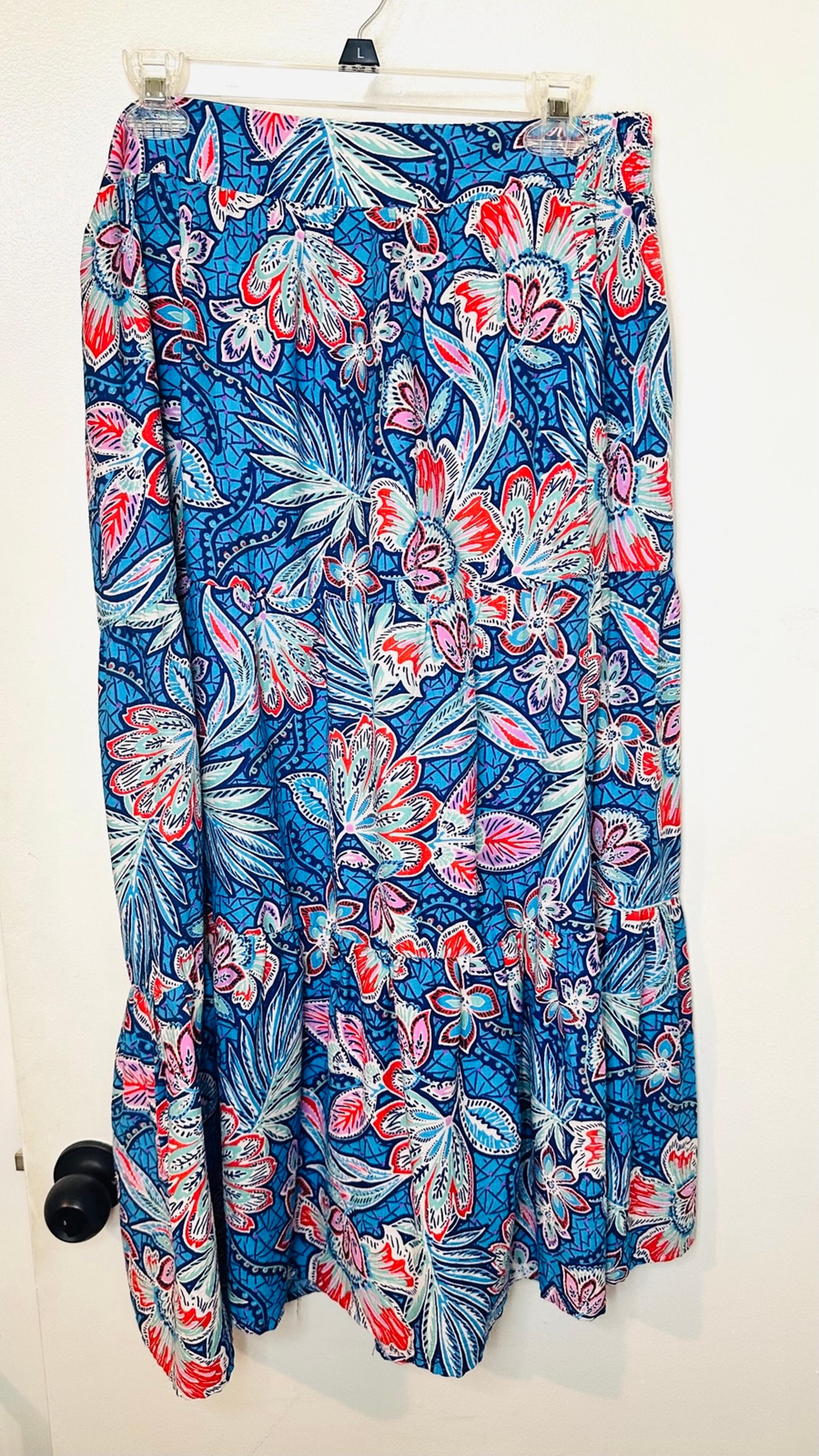 Rachel Zoe Printed Maxi Skirt Floral Tropical Ruffle Size L Pink Blue White