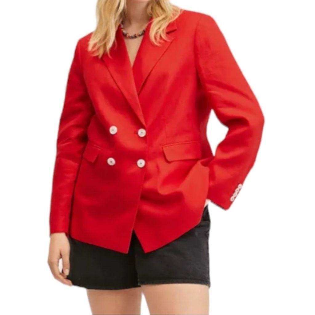 MANGO Double-Breasted Linen Cotton Suit Blazer Pants Set Red oversized Sz 1XL