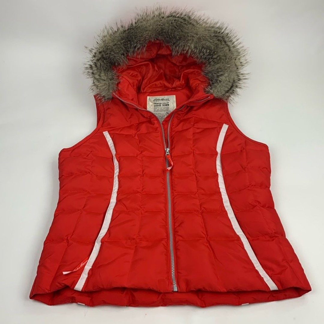 Eddie Bauer Goose Down Faux Fur Quilted puffer Vest Large Red White Hooded New