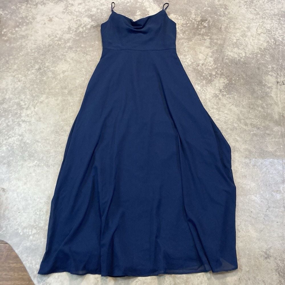 Jenny Yoo Collection Dress Womens 10 Navy Blue Evening Gown Long Maxi Drap Neck