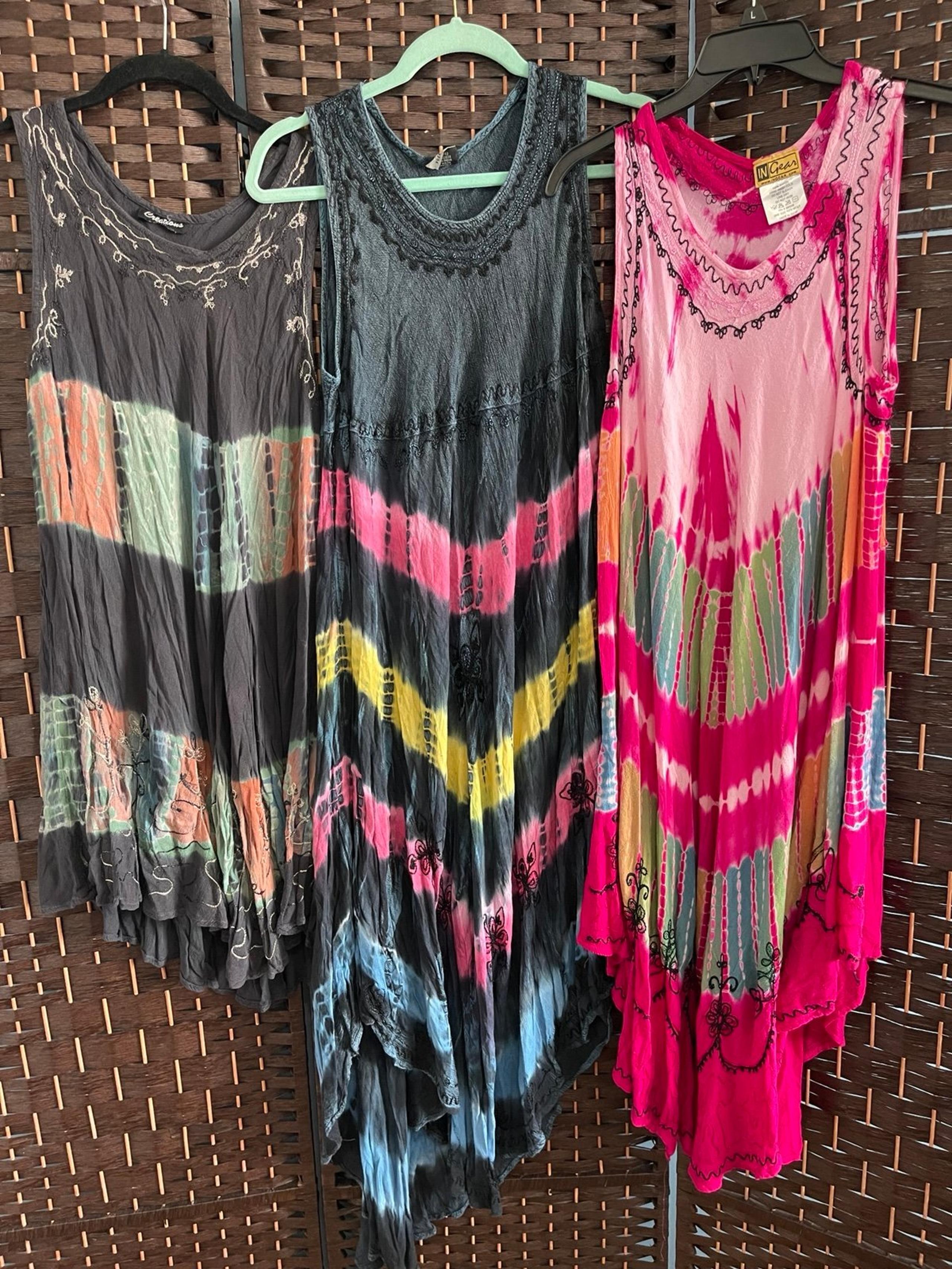 Bundle Lot of 3 Colorful Tie-Dye Sleeveless Dresses. Each with different length.