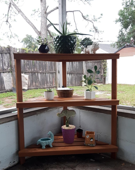 NEW 3-Tier Corner Plant Stand Shelves with Teak Oil Finish - Indoor/Outdoor