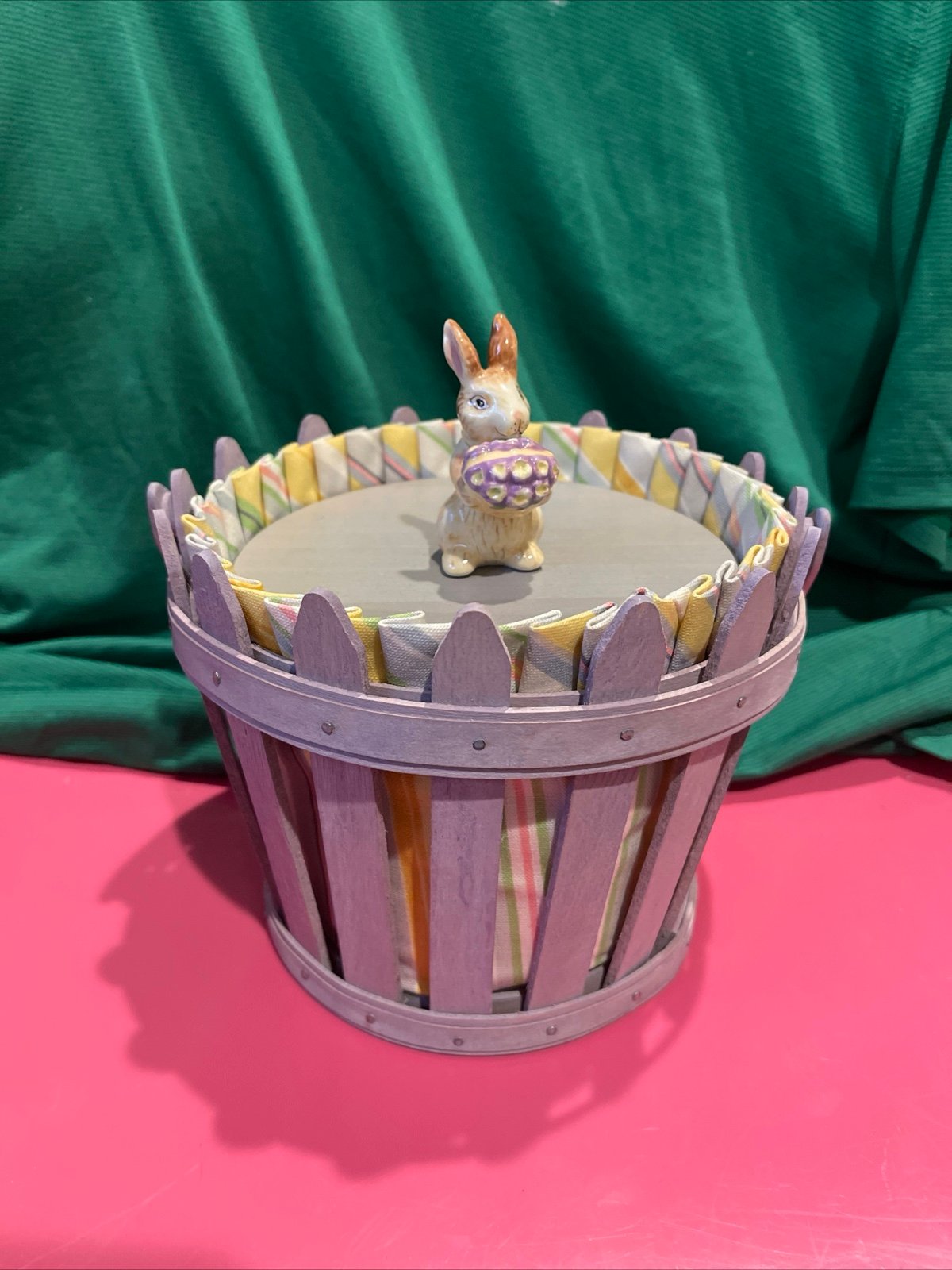 Longaberger Purple Easter Basket Picket Pail Stripe Liner Lid With Bunny