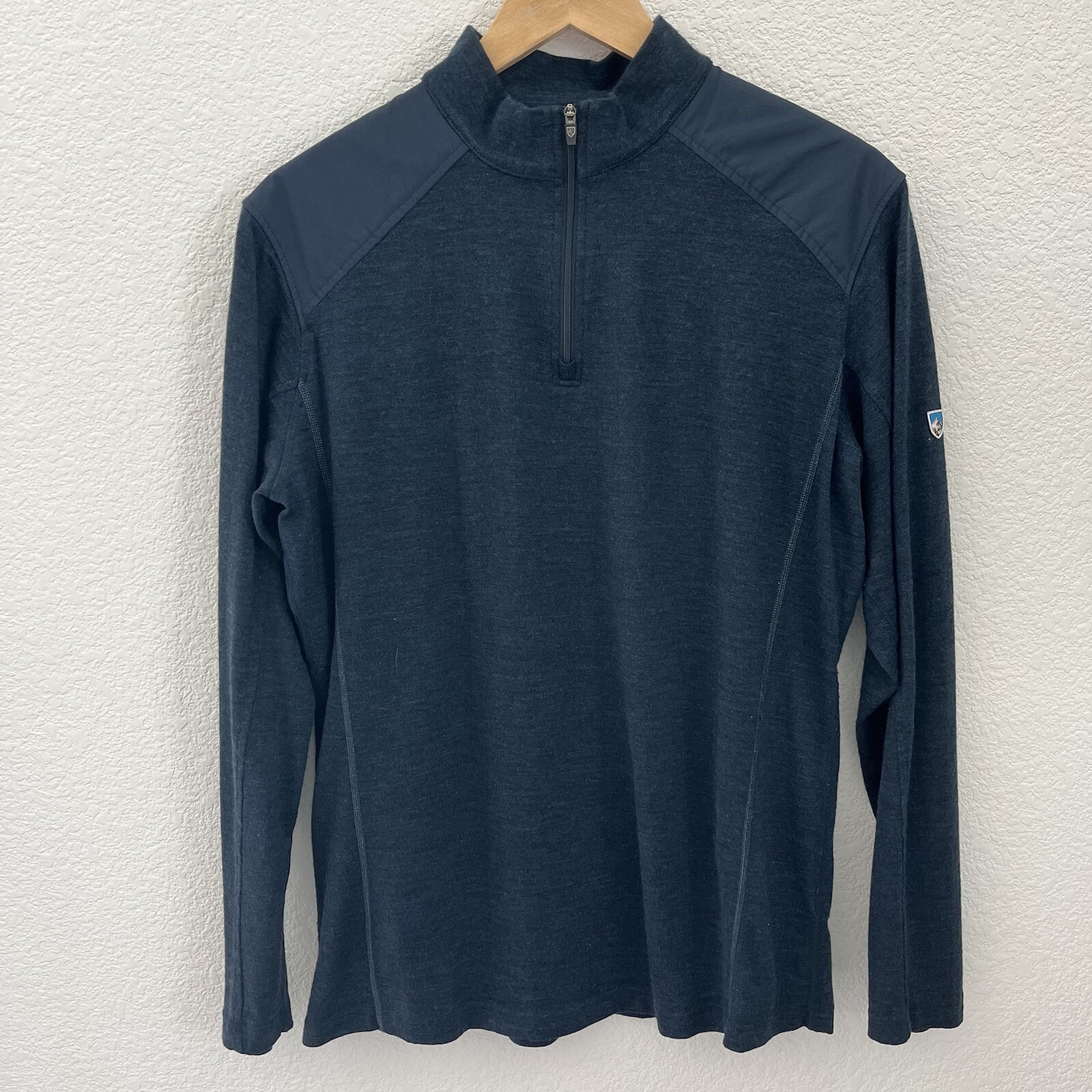 Kuhl Stellr Merino Wool 1/4 Zip Top Mens Medium Blue Shoulder Pads Shooting EUC