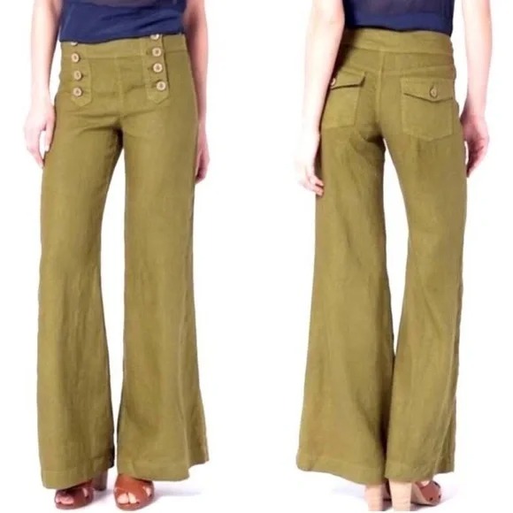 Anthropologie Elevenses Olive green 100% linen sailor wide leg pant. Sz 6