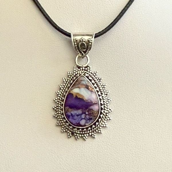 Southwestern Purple Copper Dahlia Turquoise Teardrop Pendant Sterling Silver