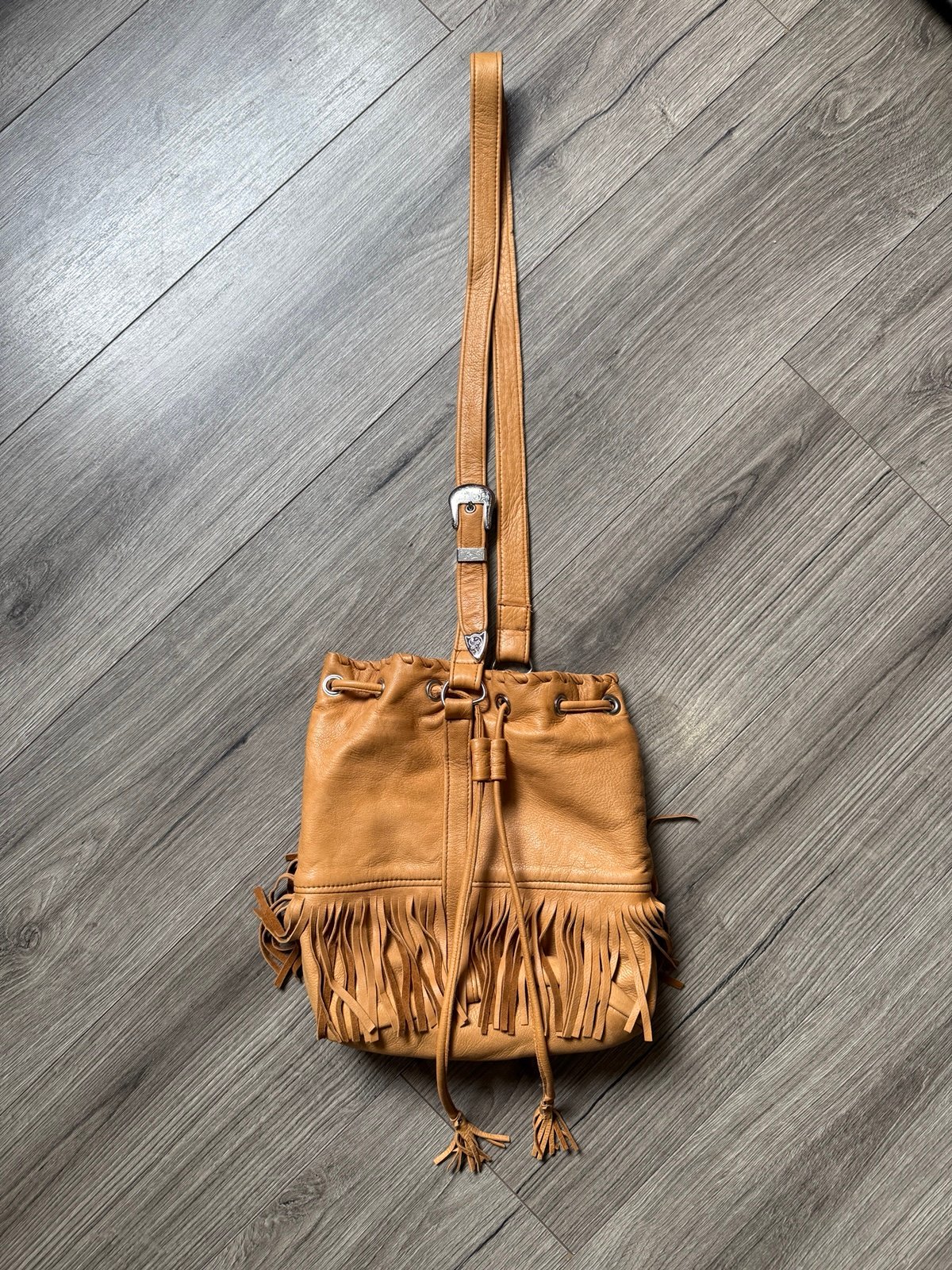 Patricia Wolf Made in Texas Genuine Leather Tan Bucket Bag Western Boho Fringe
