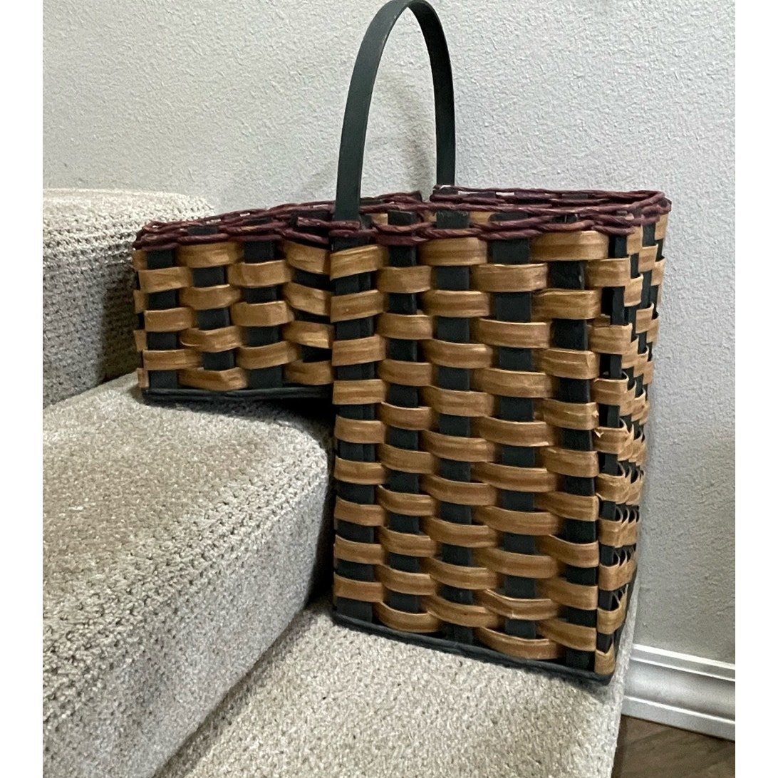 Country Farmhouse 90s Vintage Woven Wicker Stair Way Step Basket Handle Handmade