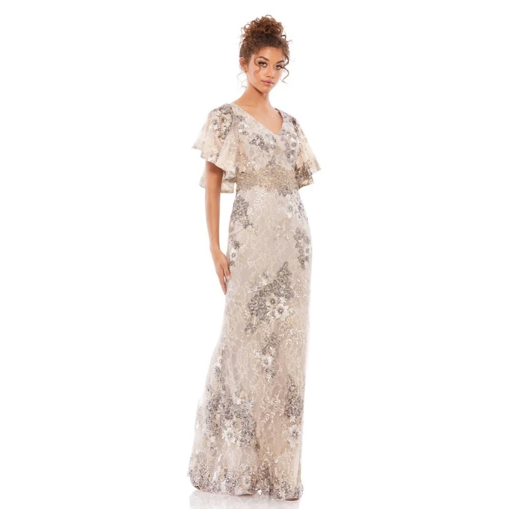 Size 10 Mac Duggal 67842 NWT BELL SLEEVE FLORAL EMBELLISHED GOWN