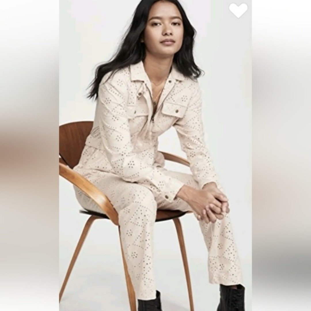 Free People Jumpsuit Set The Tone Utility Ivory Eyelet Lace Elastic sz 10