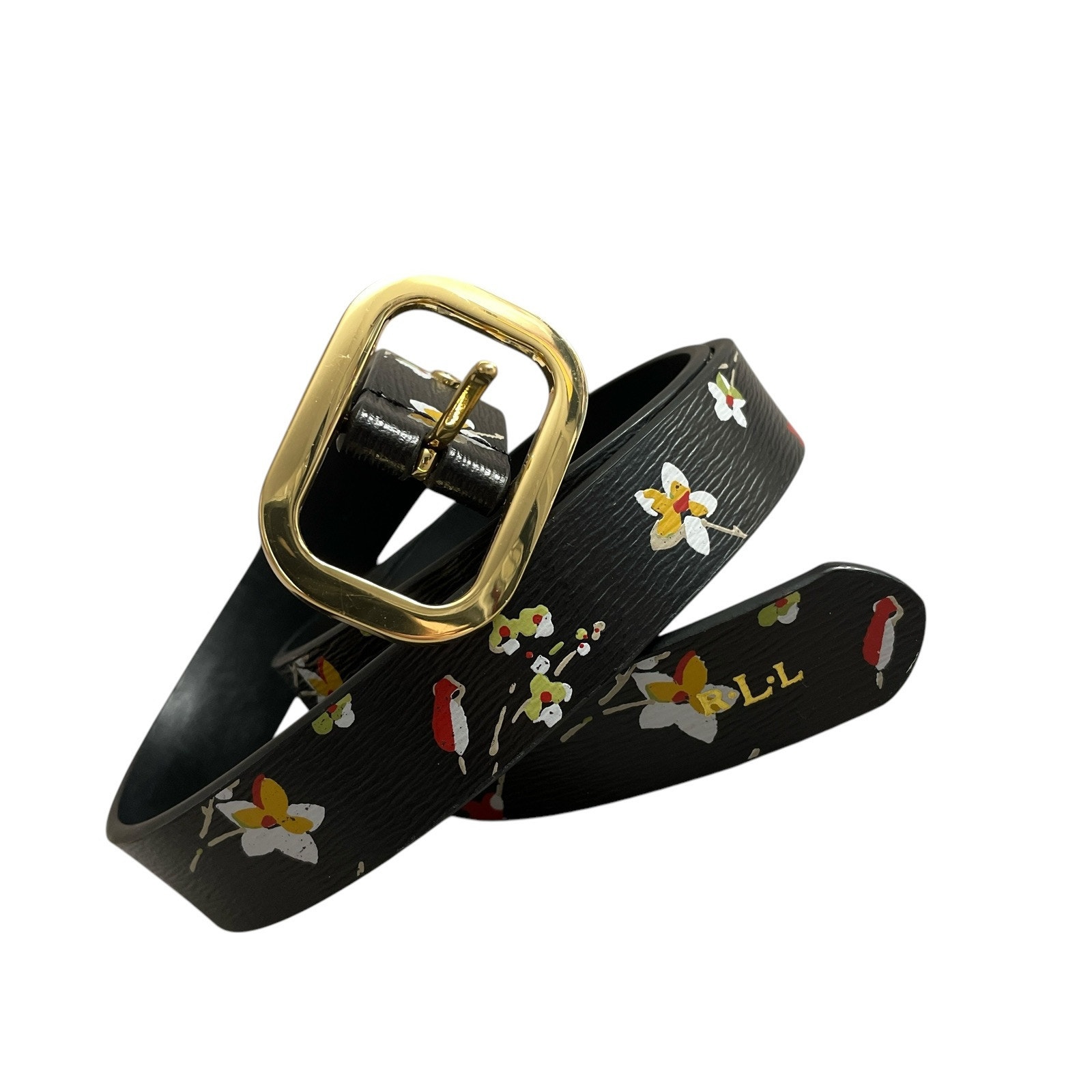 Lauren Ralph Lauren Floral Leather Belt Small Womens Black Skinny Gold Buckle