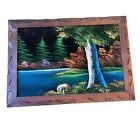 Vintage Velvet Painting Lake Scene Landscape Framed Home Decor 70s Rustic 20x14