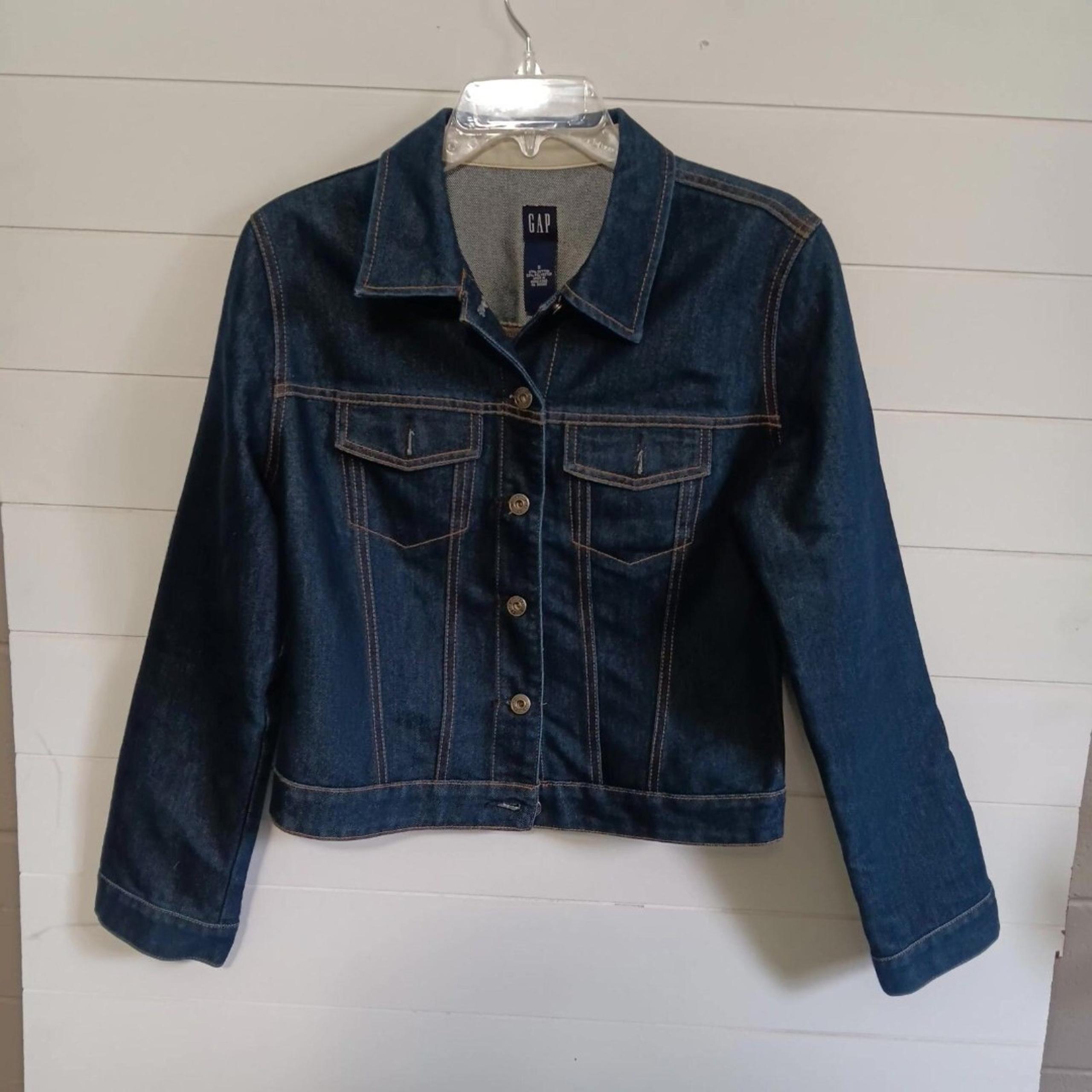 GAP Trucker Jacket Womens Size S VTG Blue Denim Cropped Cotton Blend Long Sleeve