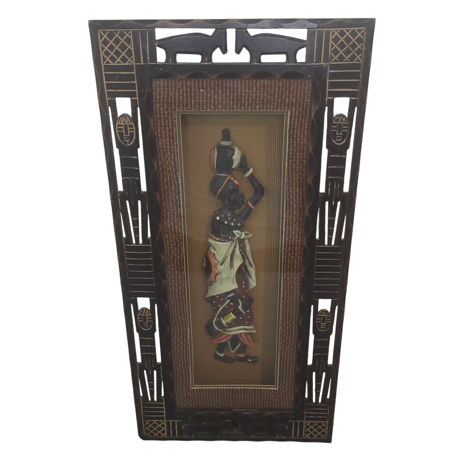 Vintage Handmade Shadow Box Display With Statue Of African Tribe Woman 23.5 x12
