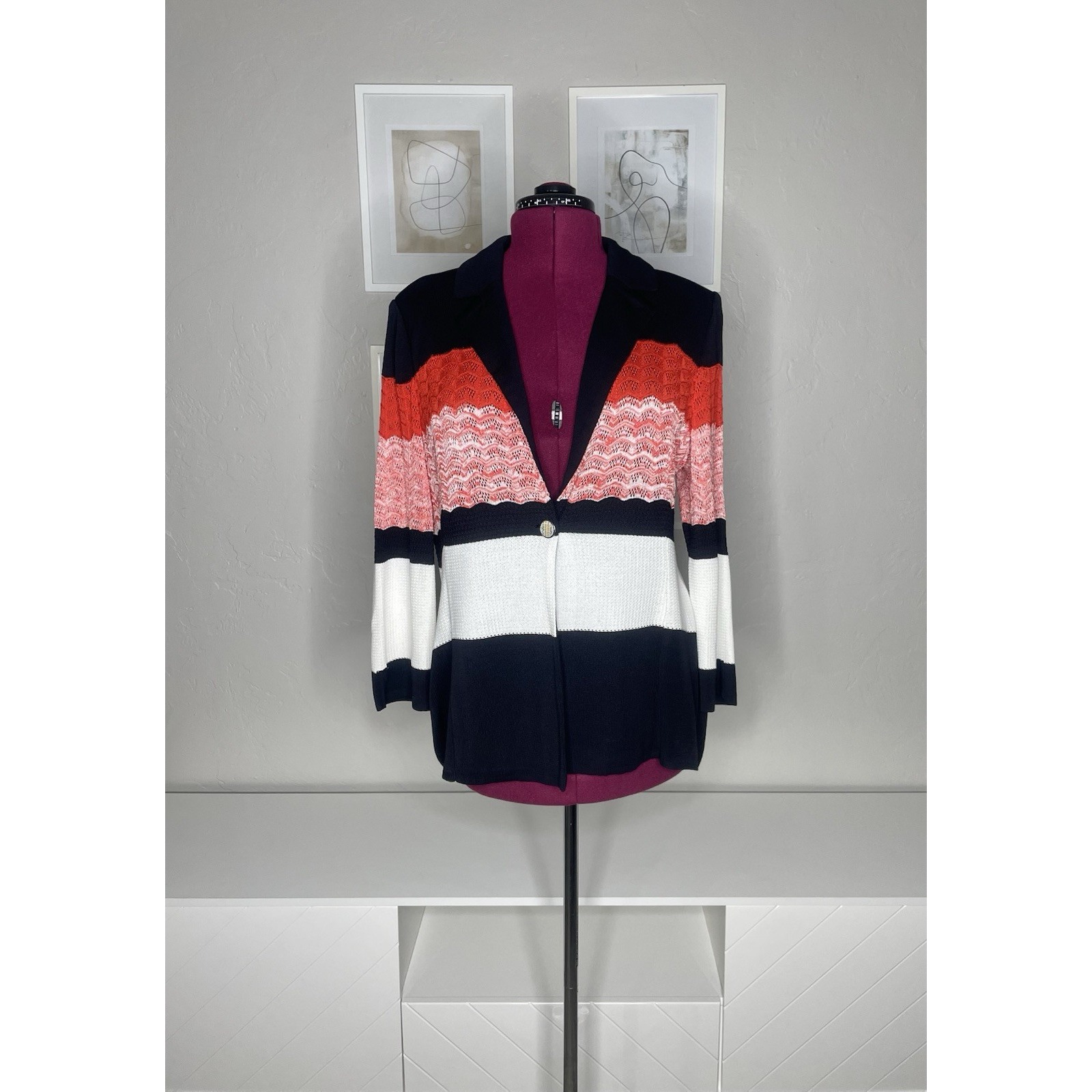 Misook Jacket Women's Medium Color Block Cardigan Fine Knit One-Button