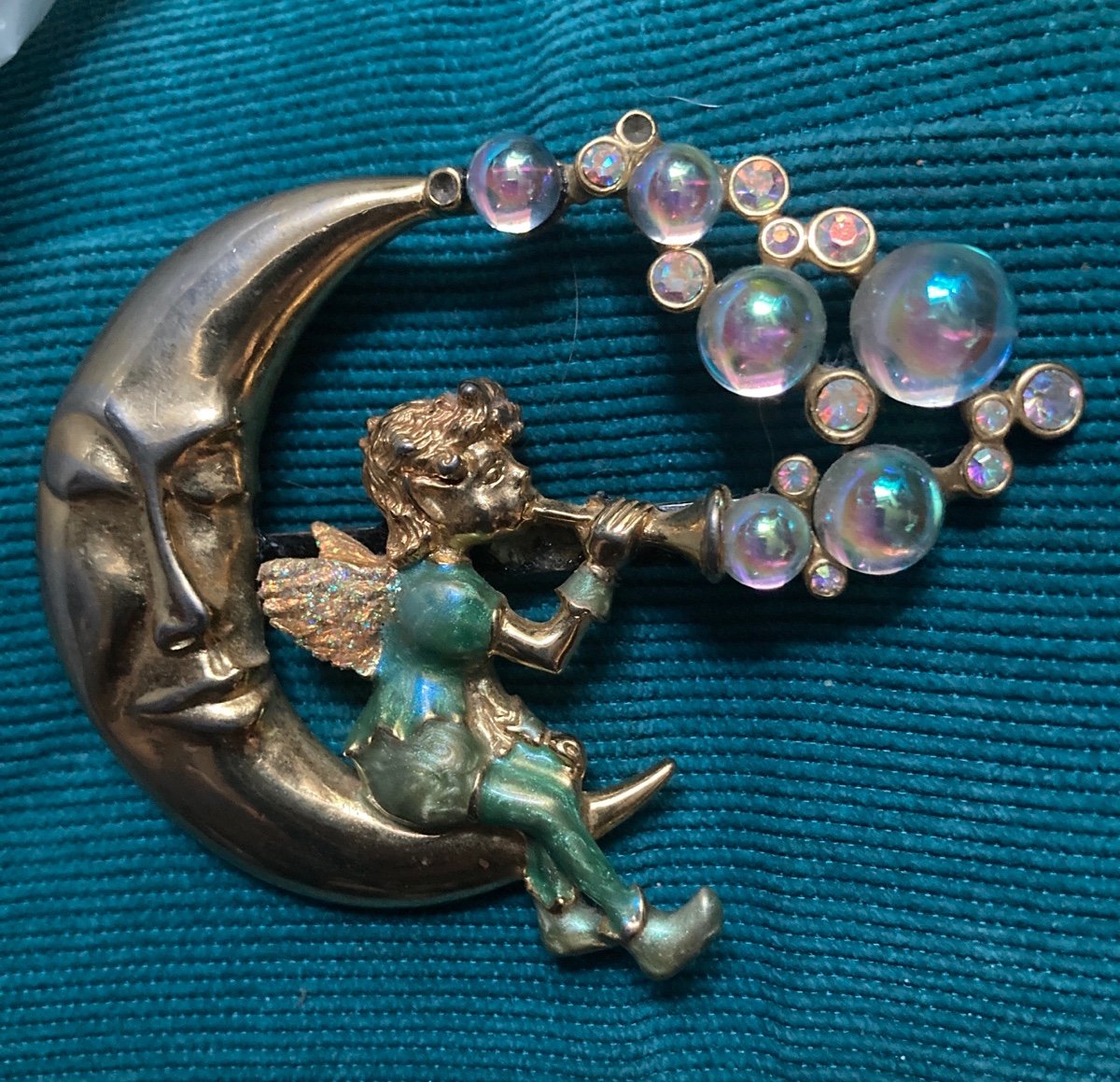 Vintage Kirks Folly Pipedream Fairy Brooch Pin Bubbles Crescent Moon Rhinestones