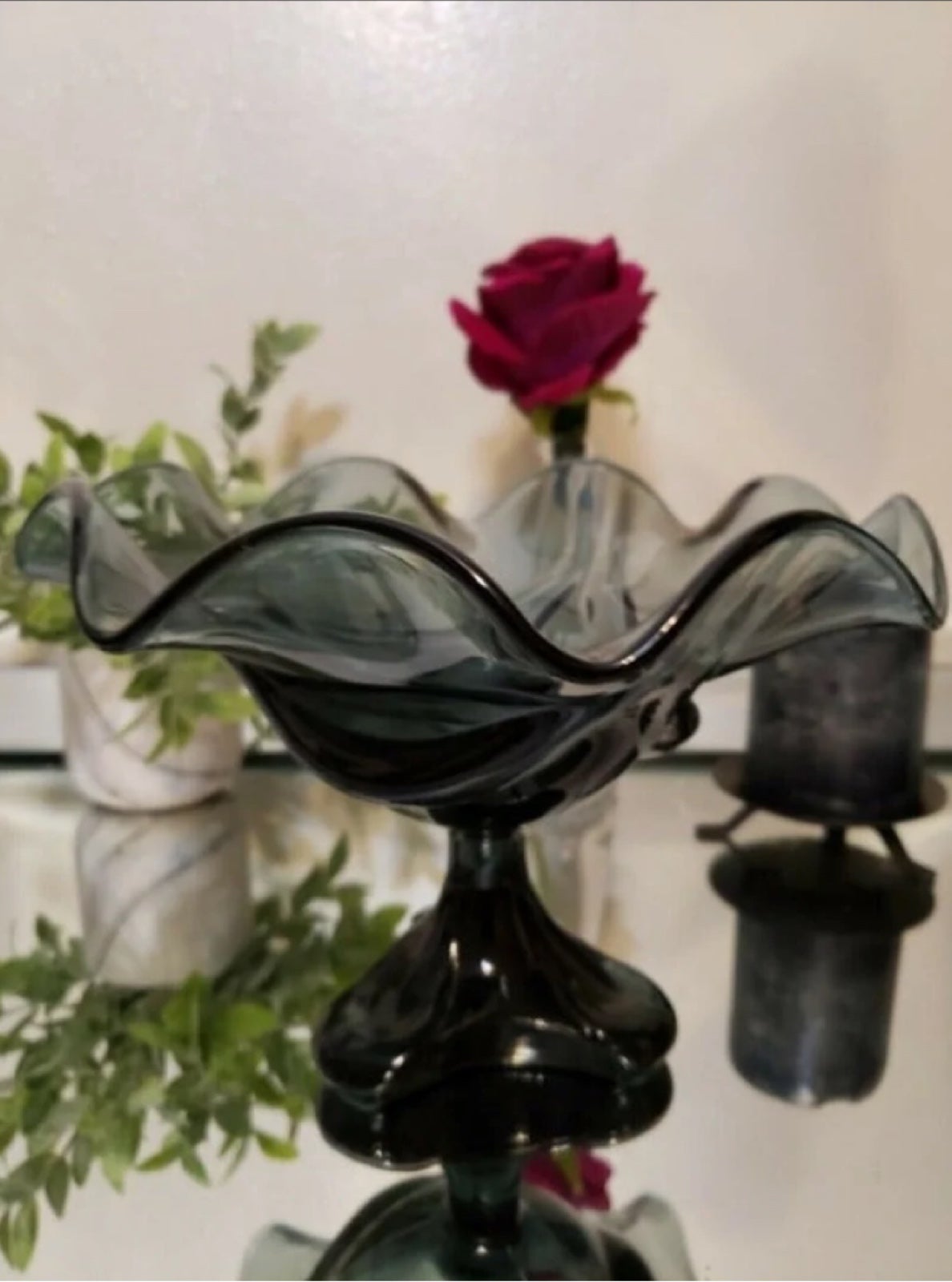 ~Vintage 6.5” Gray Hand Blown Glass Decor Dish Serving Dish & Decanter~