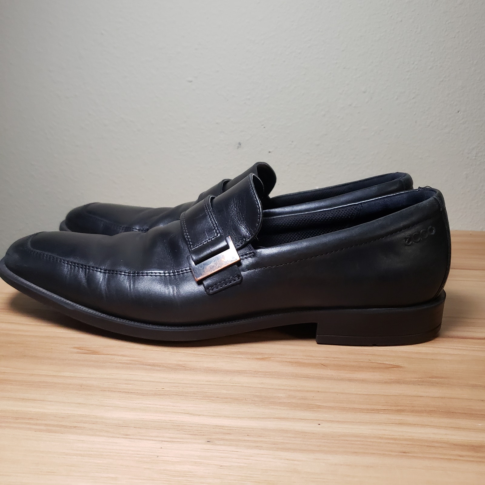 Ecco Men's Size 45 Buckle Strap Black Leather Oxford Slip On Dress Shoe Classic