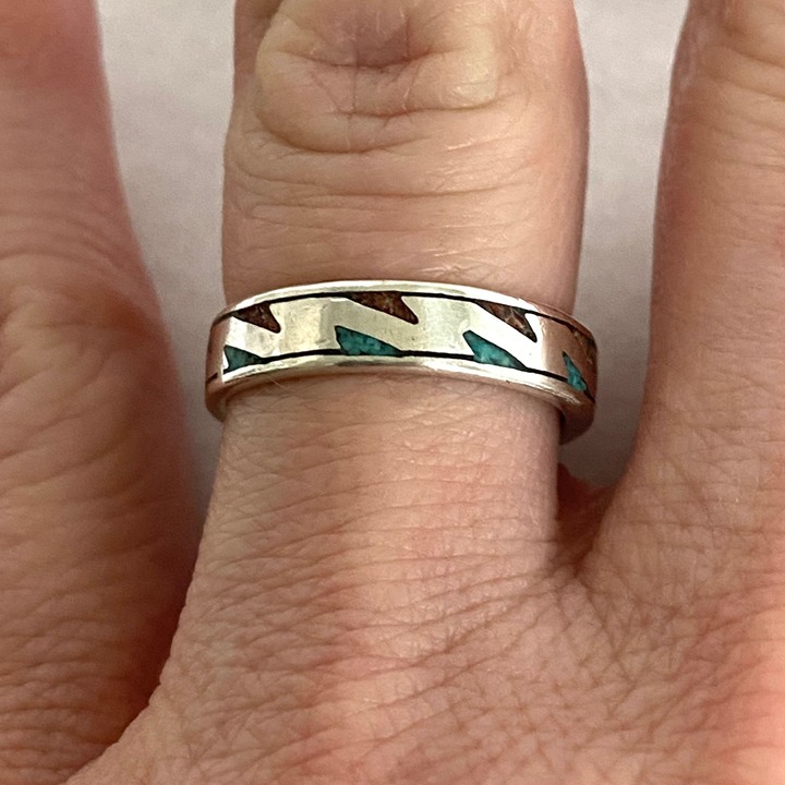 VTG Sterling Silver 925 Crushed Turquoise Coral Stone Inlay Band Ring Sz 5.5