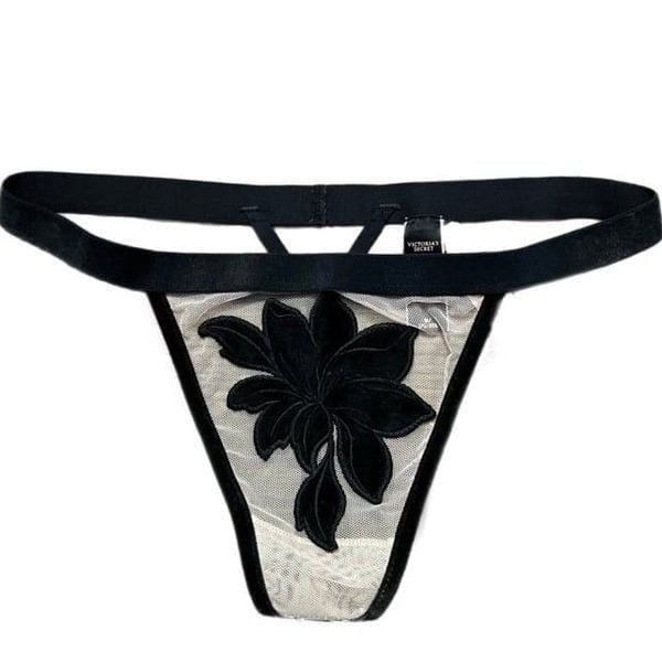 Victoria’s Secret Sexy Sheer Mesh thong Velvet flower V string panty Black M