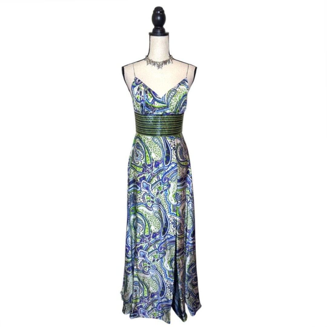 Y2K Jovani Silk Beaded Blue + Green Paisley Print Beaded Maxi Dress Size 6