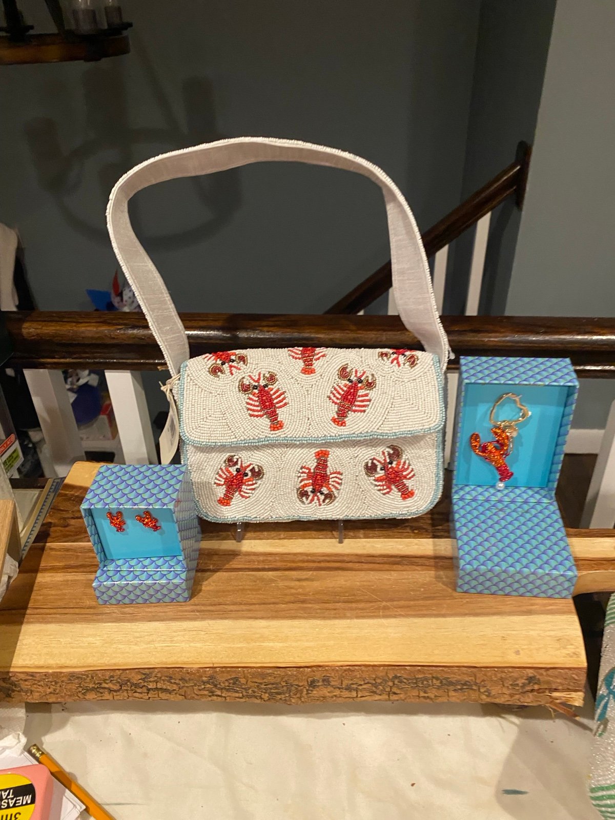 NEW STYLE beaded lobster bag w/teal trim+Betsey Johnson lobster charm & earrings