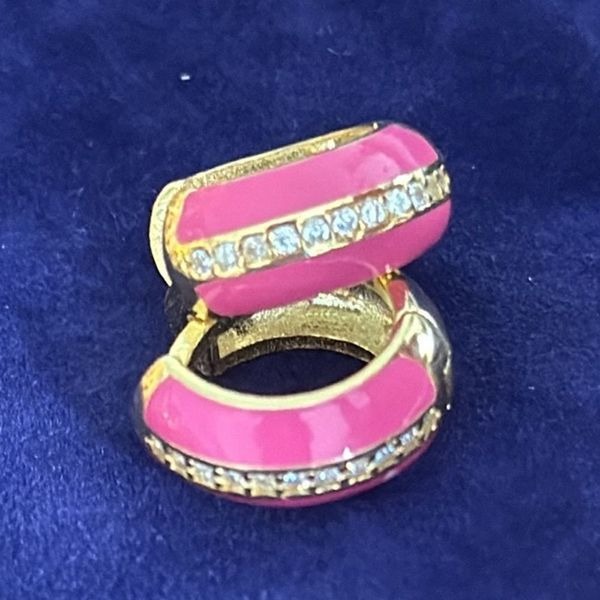 Gabi Rielle Pink Enamel & CZ Mini Hoops 14k Gold Over Silver Huggies Gift