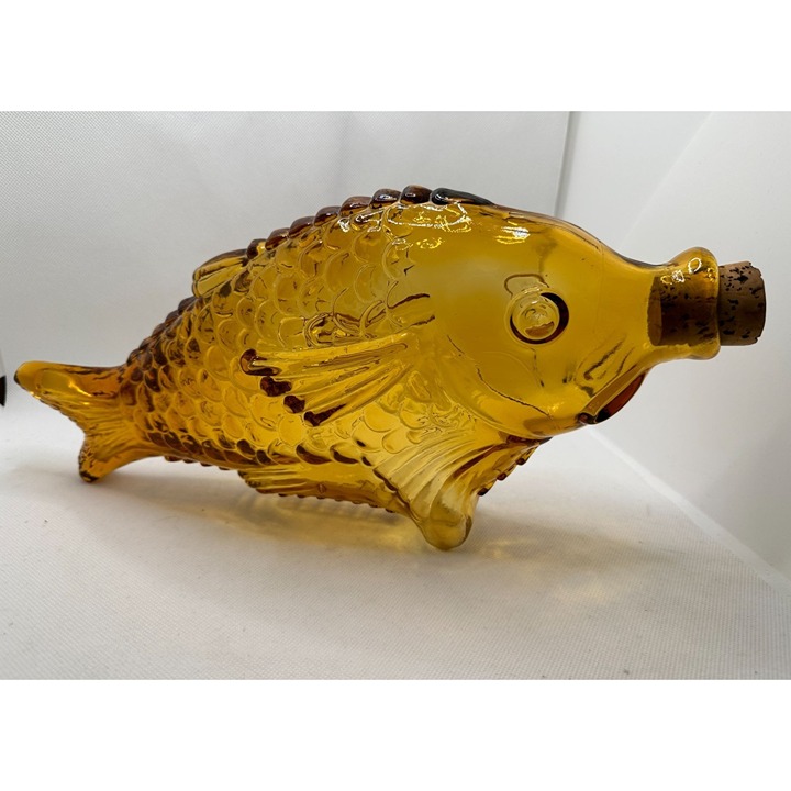 Vintage Hand Blown Murano Art Glass Amber Glass Fish Decanter Bottle With Cork