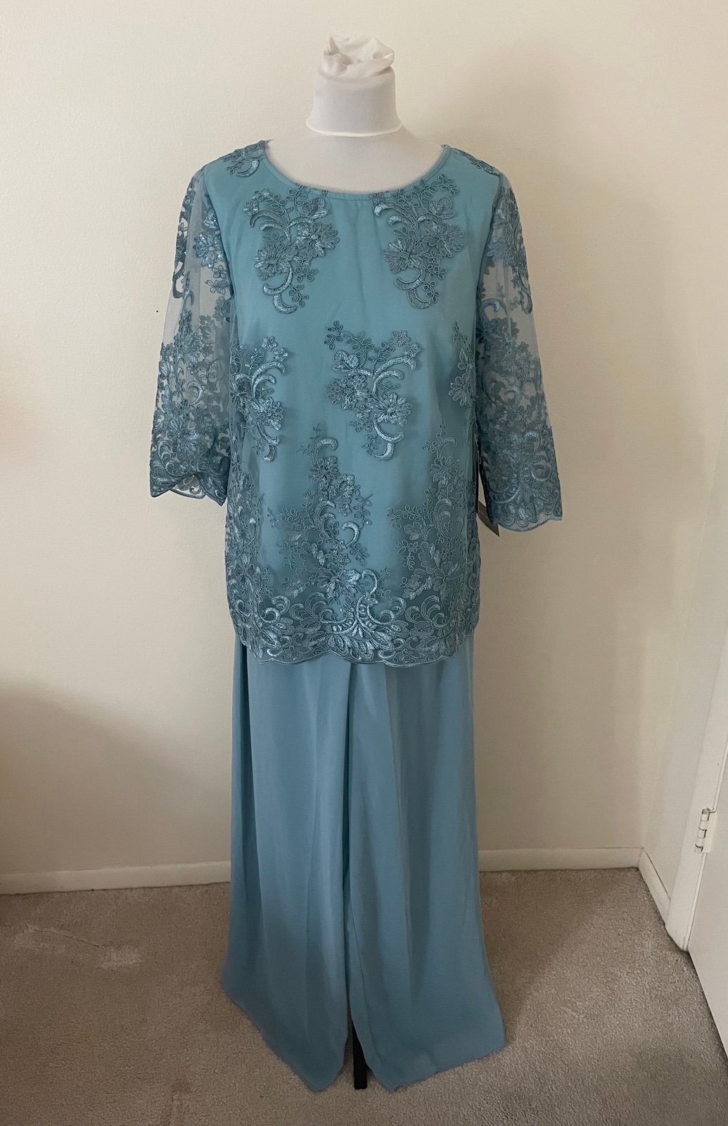 Alex Evenings Women Twinset Top & Pants Size L Sequins Embroidered Lace NWT Teal