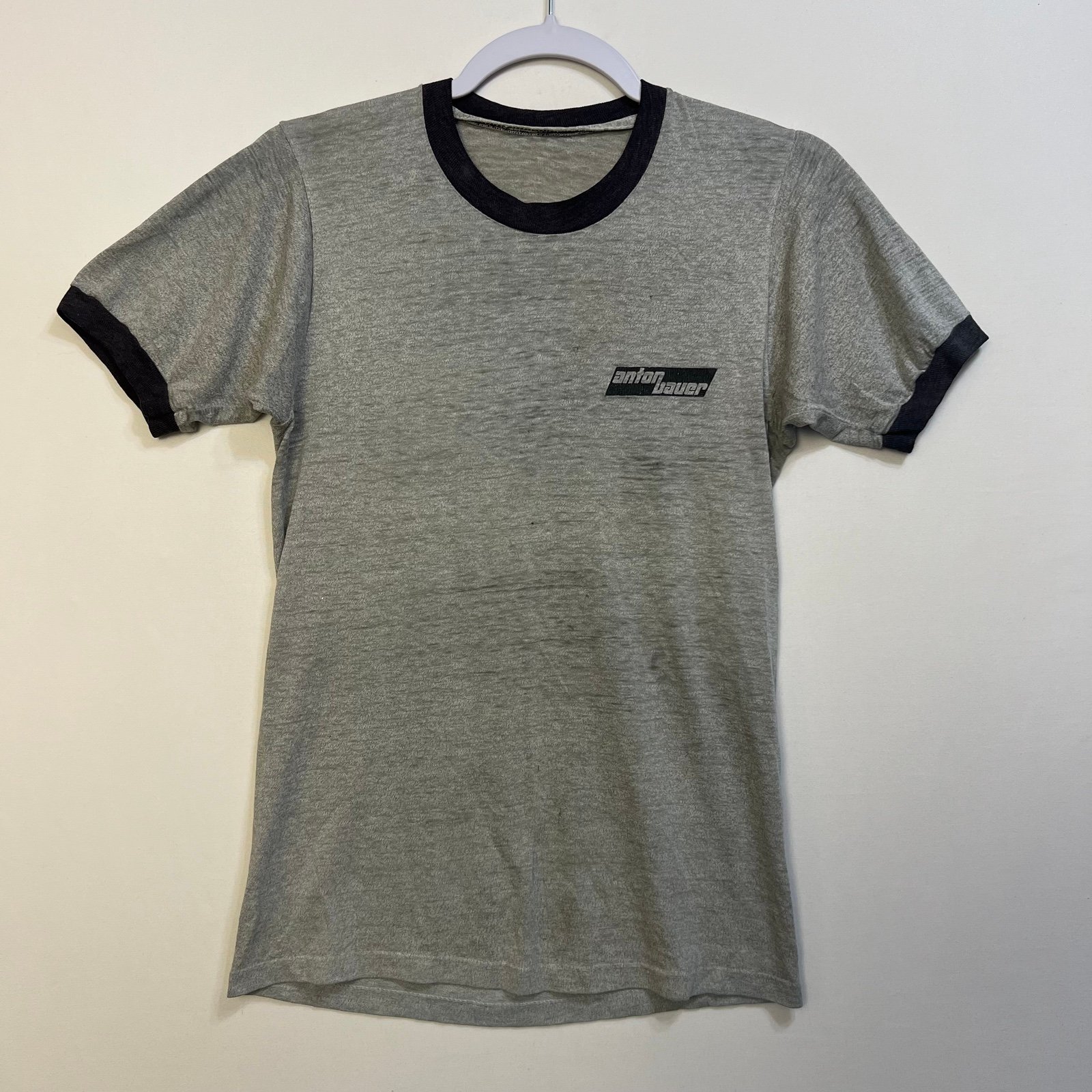 Vintage 80s Burnout Ringer Tee Anton Bauer Lifesaver Power Supply Promo Tee