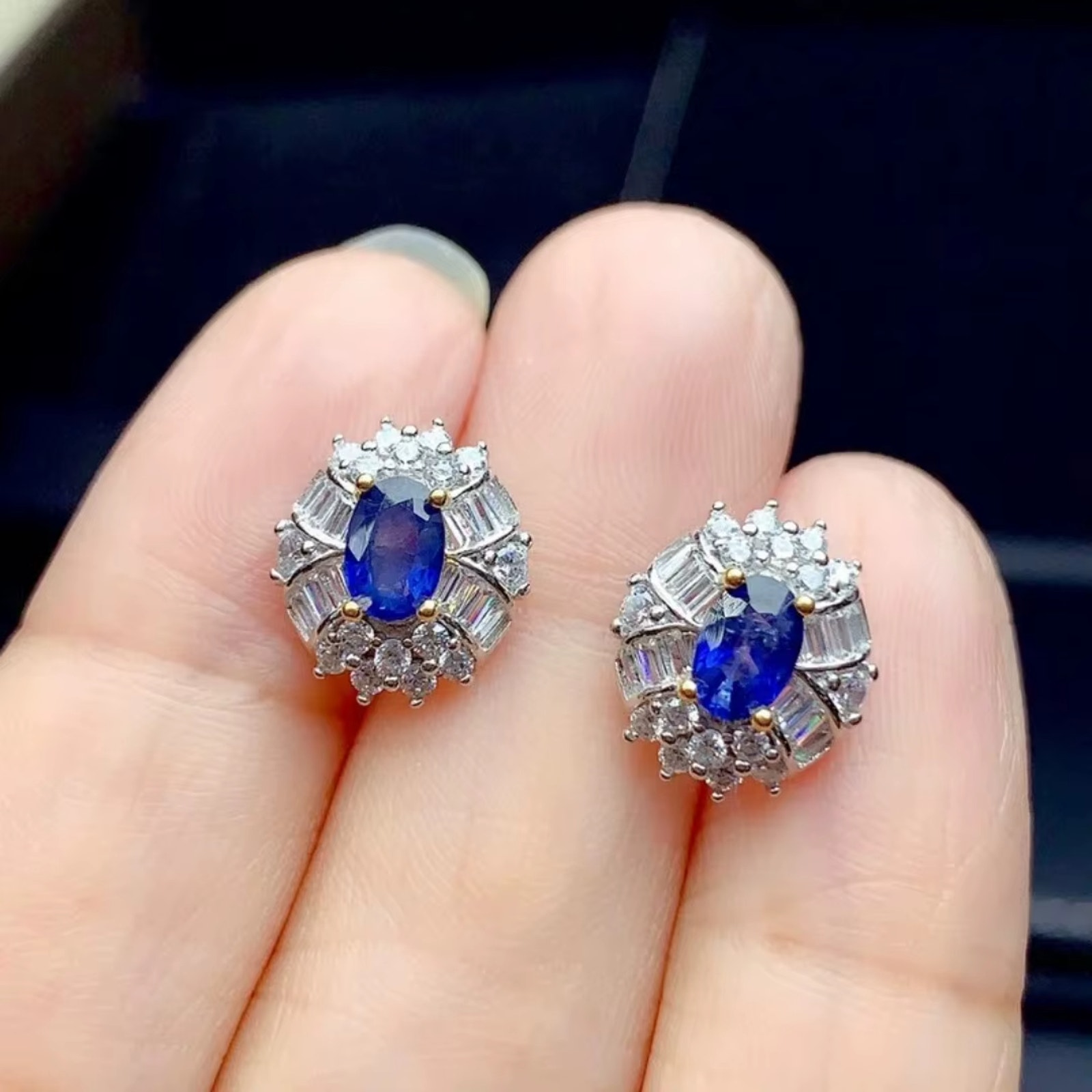 Natural Sapphire Earrings 925 Sterling Silver, Sapphire Stud Earrings 4x6mm
