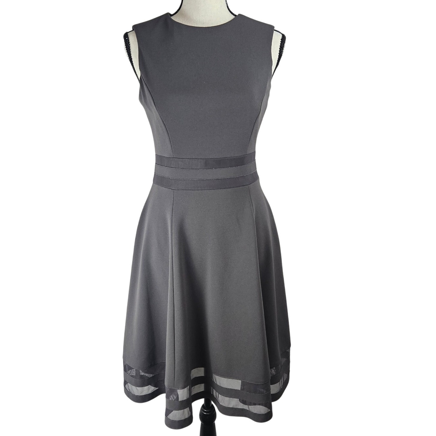 Calvin Klein Sleeveless Fit & Flare Mesh Panel Ribbon Stripe gray Midi Dress 2