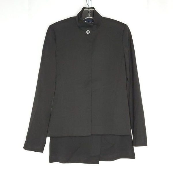 2 Pc Jacket Skirt Suit 1 XS Mandarin Collar Faux Wrap A Line Black Dark Academia