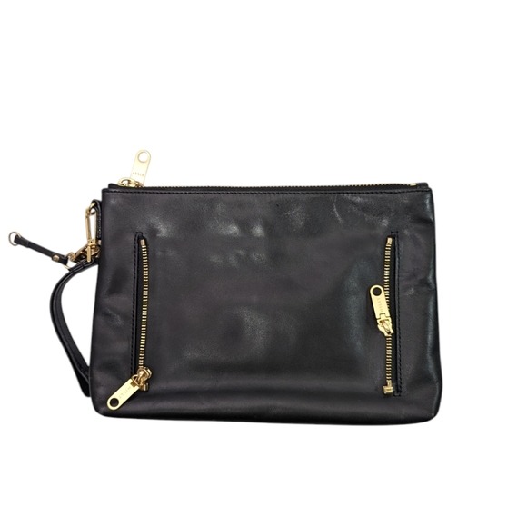 Milly Black Leather Wristlet Clutch Gold Zipper Detail