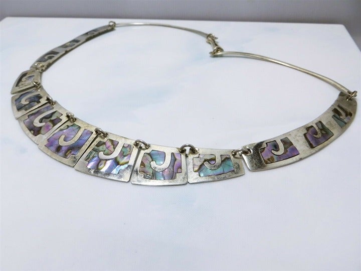 Native Sterling Silver & Abalone Inlay Station Panel Collarette Style Necklace