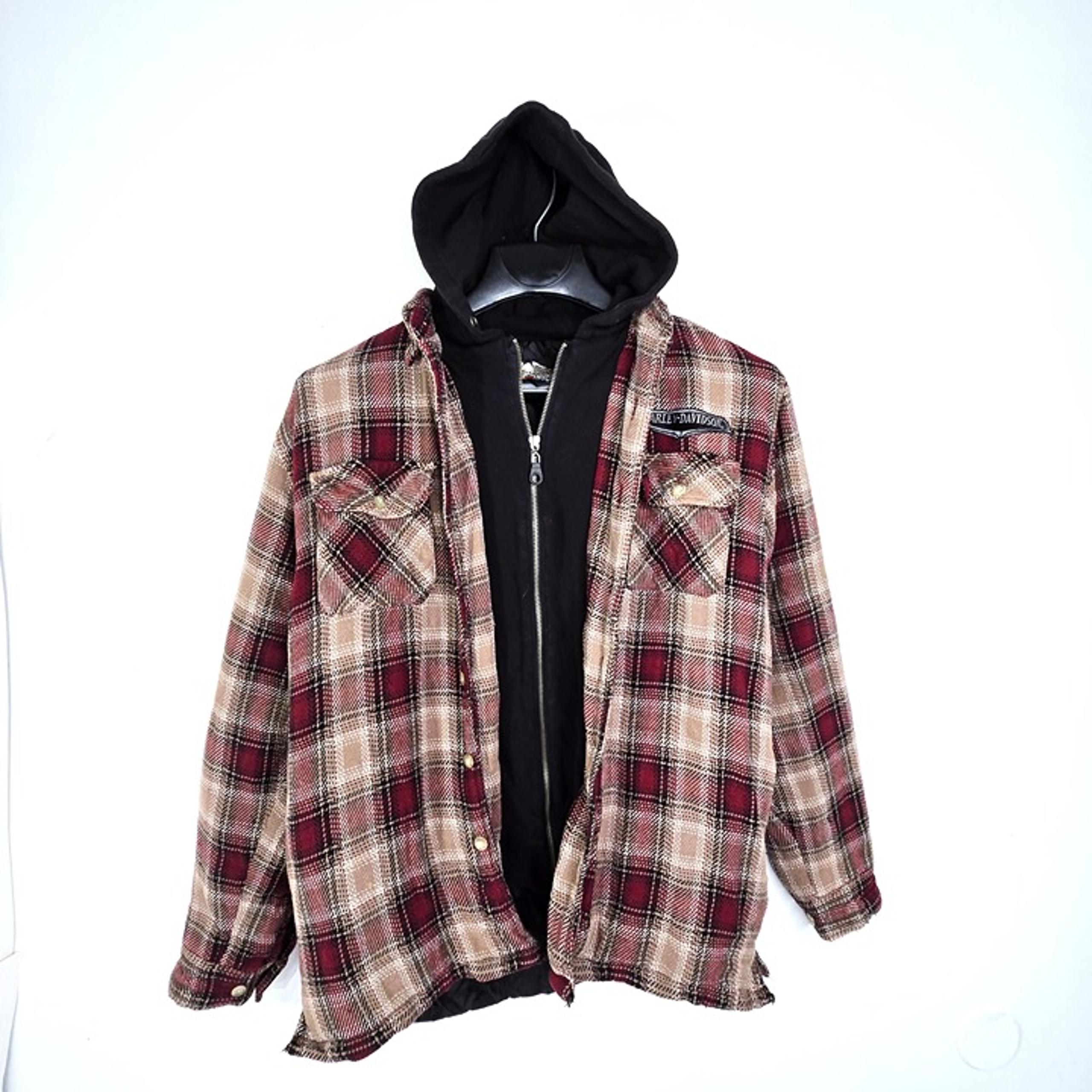Vintage  Harley-Davidson Hooded Flannel Motorcycle Red Tan Plaid Shirt Jacket
